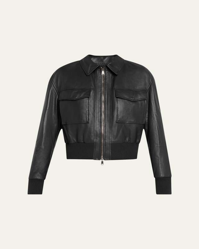 Monili-Neck Smooth Glove Leather Bomber Jacket